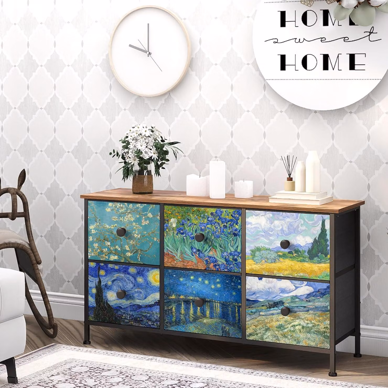 Comodino piccolo con 6 cassetti, struttura in metallo, ripiani in legno, dimensioni 60x40x90 cm, ideale per la camera da letto