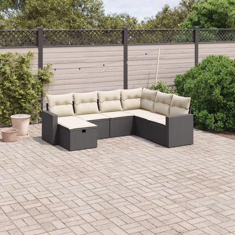 vidaXL Set Divani da Giardino a L con Cuscini 7pz Nero e Bianco in Polyrattan e Metallo