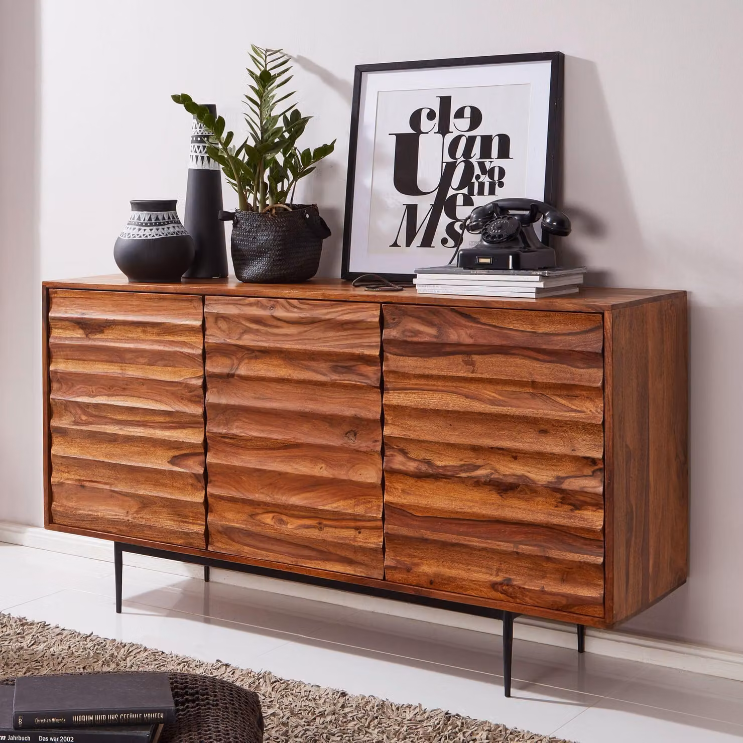 FineBuy Credenza in legno massiccio di Sheesham da 150 cm con 3 ante - Solida cassettiera retrò con sensazione 3D - Credenza naturale di design - Realizzata a mano - Industrial