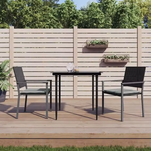 Set Pranzo da Giardino vidaXL in Polyrattan e Acciaio con Tavolo in Vetro e Cuscini, Grigio e Nero