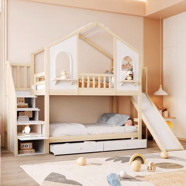 Letto a castello 90x200 cm a forma di casa con scivolo e scala contenitore in legno bianco e naturale
