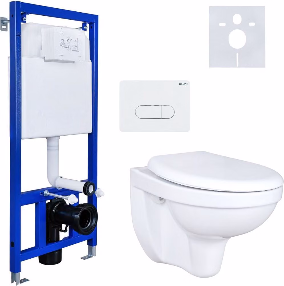 Set completo per WC Belvit, sedile con chiusura ammortizzata, piastra di risciacquo, elemento pre-murale premontato e regolabile in altezza, sistema autoportante, WC e cassetta di scarico