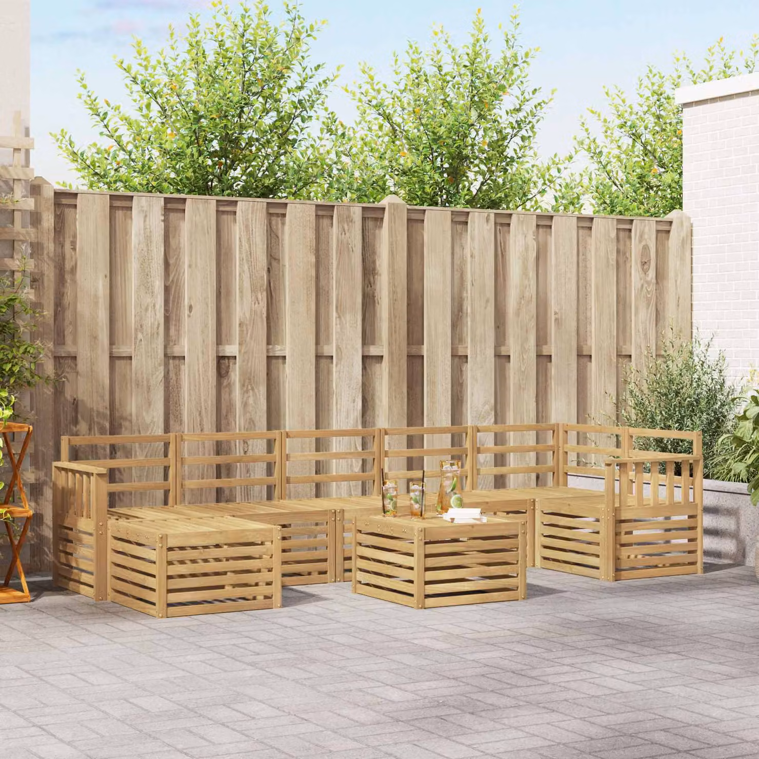 Set di divani da esterno vidaXL 8 pz in legno di acacia massello con cuscini bianchi e marroni, design moderno a L con tavolino e pouf per giardino e terrazza