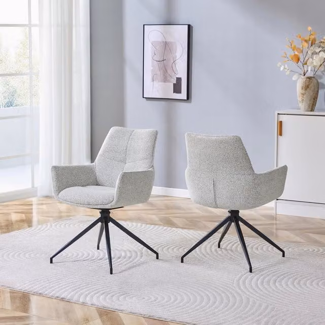 Set di 2 sedie da pranzo girevoli a 360 gradi Vovees Living, imbottite in tessuto grigio chiaro con braccioli e gambe in metallo nero, L/P/H: 48 x 50 x 85 cm