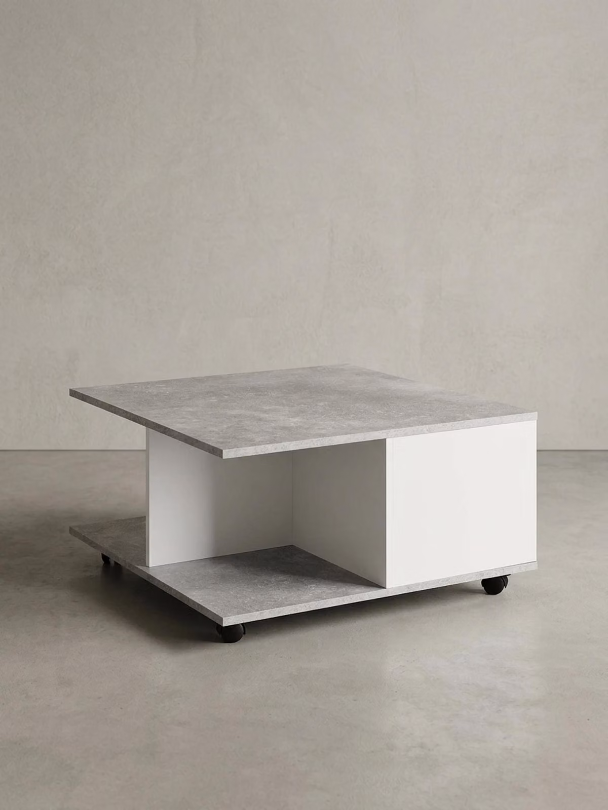 Tavolino design 70x70 cm grigio cemento / bianco, tavolino da salotto con 2 cassetti, tavolino da divano con rotelle, tavolino con 2 scomparti