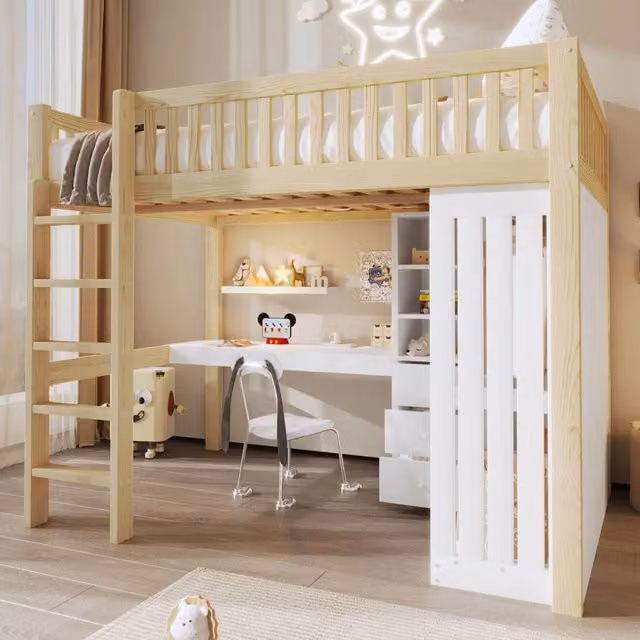 Letto a soppalco 140 x 200 cm con scrivania; armadio e 3 cassetti; in pino e MDF; naturale e bianco per cameretta