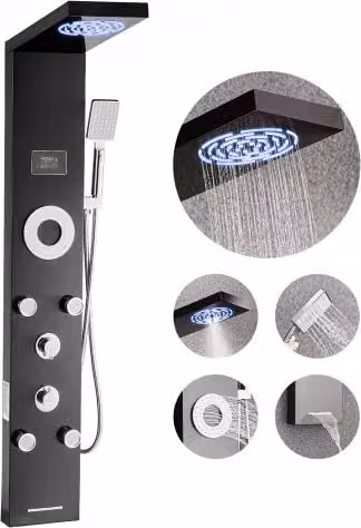 Colonna Doccia VEVOR con Sistema a Torre in Acciaio Inox Spazzolato, Soffione a Pioggia LED, 6 Funzioni, 5 Getti Corporei, Doccetta e Beccuccio per Vasca, Altezza: 134,5 cm