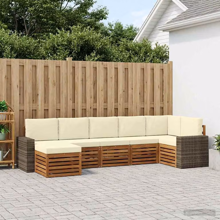 Set di divani da esterno vidaXL a forma di L composto da 7 pezzi in legno di acacia con cuscini beige e bianco per giardino e terrazza