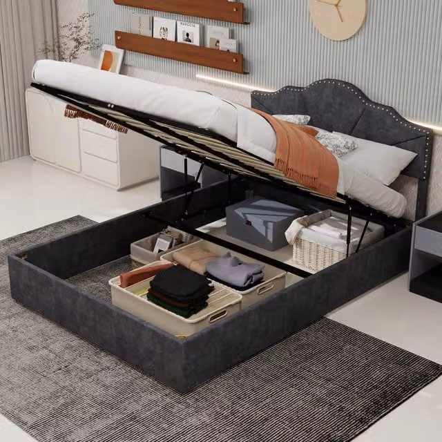 Letto matrimoniale 160 × 200 cm con contenitore ad apertura pneumatica, senza materasso, in tessuto grigio