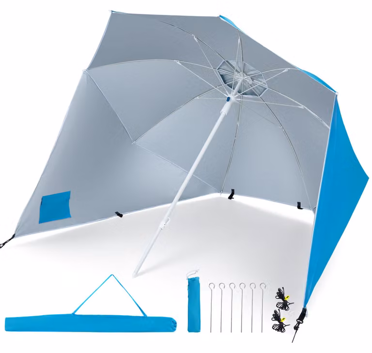 COSTWAY, ombrellone da spiaggia, diametro 175 cm, per 2-3 persone, 2 in 1 (tendaglia e ombrellone), ombrellone da spiaggia resistente al vento e stabile, protezione solare UV 50+, colore turchese