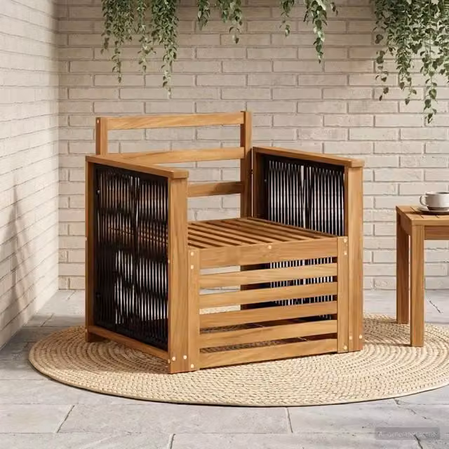 Divano centrale componibile per esterno in legno di acacia con finitura laccata, colori beige e marrone