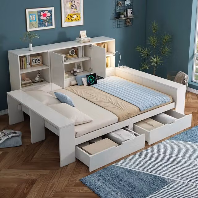 Letto moderno Mivray bianco con cassetti, porte USB e USB-C e luce da lettura integrata, L/P/H: 140 x 200 x 183 cm – 1
