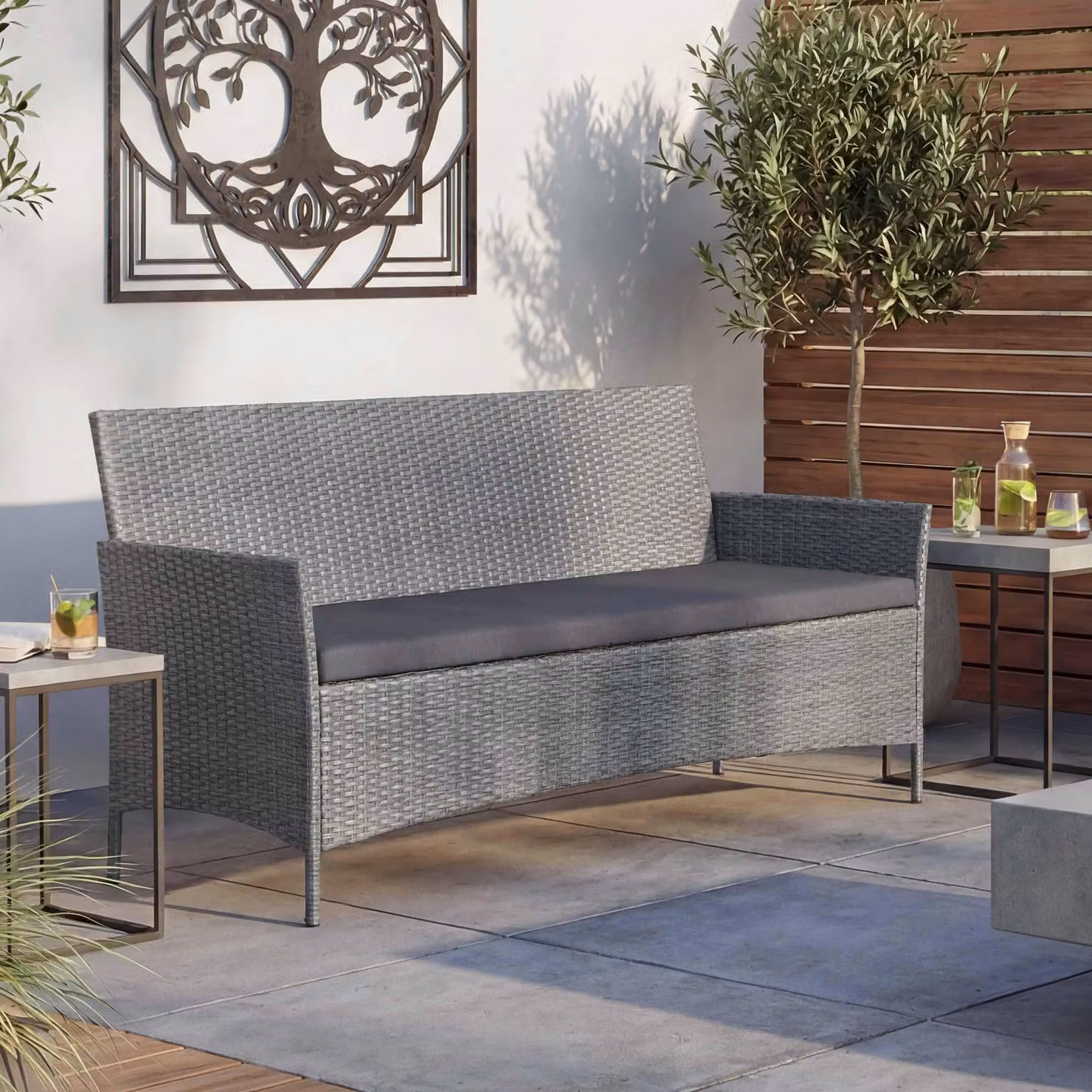 panca da giardino a 3 posti in poly-rattan Halden, panca ~ grigio, cuscini antracite