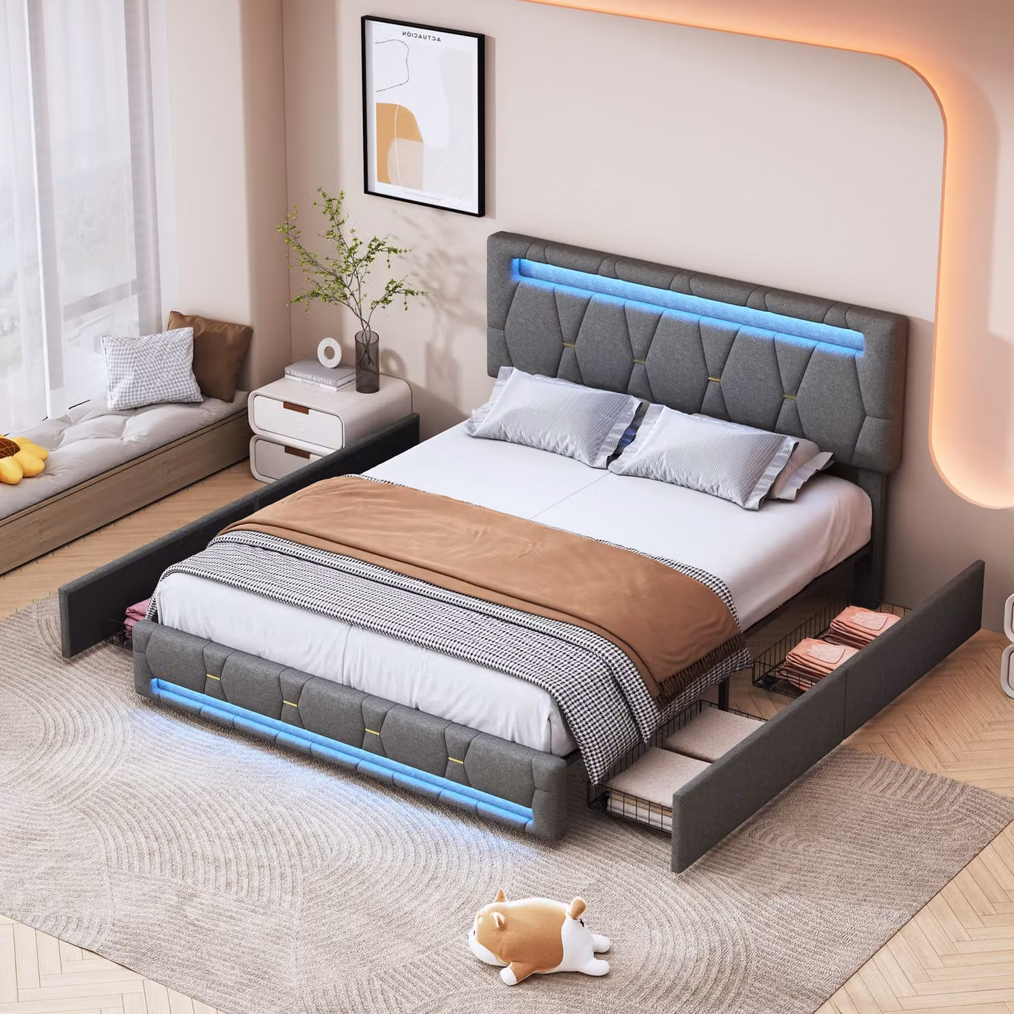 letto 160x200 cm con illuminazione a LED e connessione USB, rete a doghe, letto imbottito con 4 cassetti e ampio spazio di archiviazione, grigio
