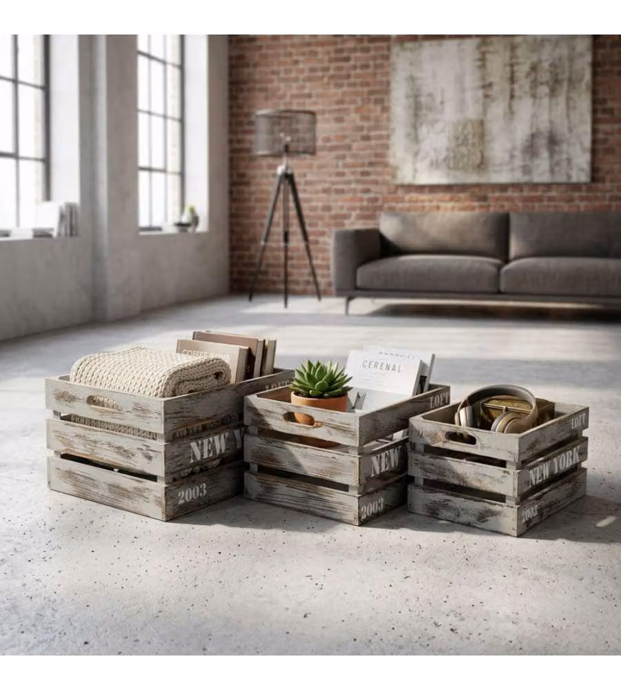 Cosma Set 3 Cassette Legno Paulownia Grigio 40x31x22 cm