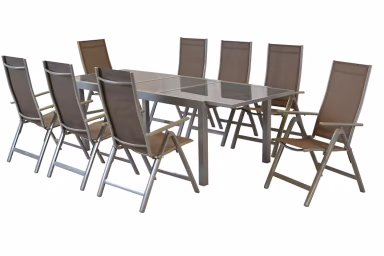 Set di mobili da giardino Merxx Carrara 9 pezzi, 8 poltrone pieghevoli color tortora, 1 tavolo allungabile 160/220 x 90 cm - alluminio/tessuto