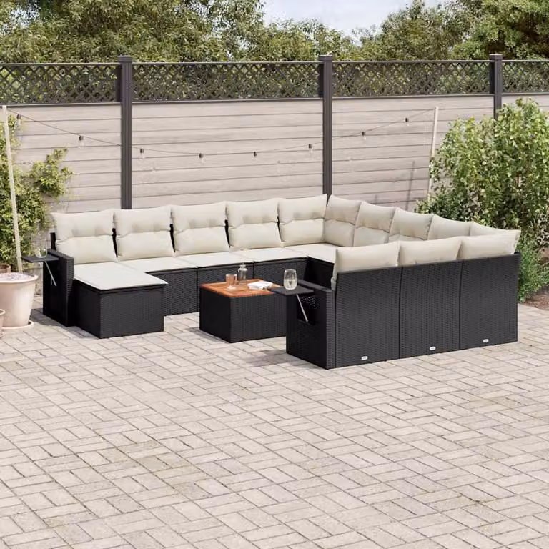 Set di divani da giardino vidaXL a forma di U composto da 13 pezzi con cuscini, tavolino e pouf in polyrattan nero e legno di acacia