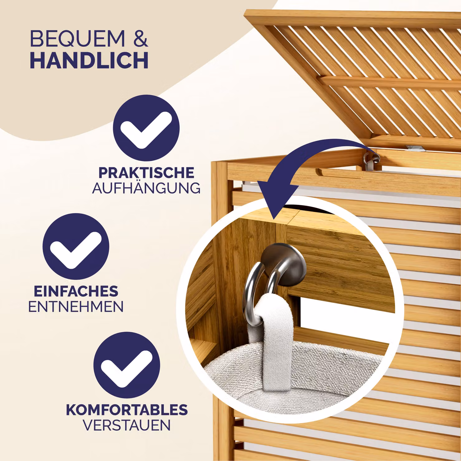 Cesto per la biancheria in bambù Casaria® marrone con coperchio e sacca rimovibile in cotone da 62L, H: 61.0 cm, L: 36.0 cm, P: 51.0 cm – 2