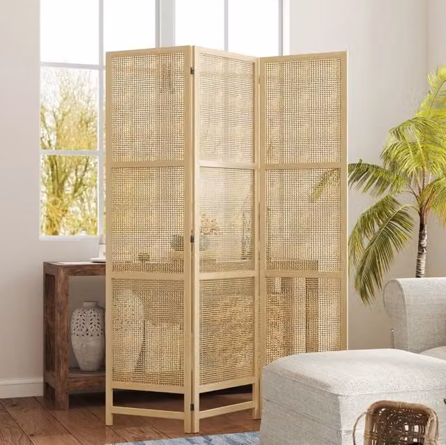 Divisorio pieghevole ULEVR a 3 pannelli 135x180 cm in rattan sintetico e legno di pino, naturale