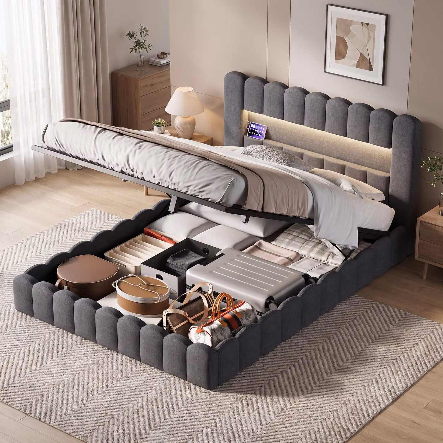 Letto con boxspring INONEFT, 140x200 cm, con LED, letto per giovani, letto matrimoniale con rete a doghe/spazio contenitore, letto imbottito con spazio contenitore e porta USB, letto in lino, grigio