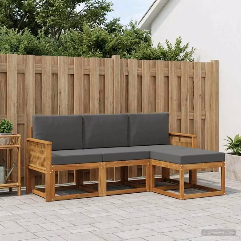 Set di divani da esterno vidaXL a forma di L con pouf, struttura in legno di acacia e cuscini inclusi, colori beige, antracite e marrone