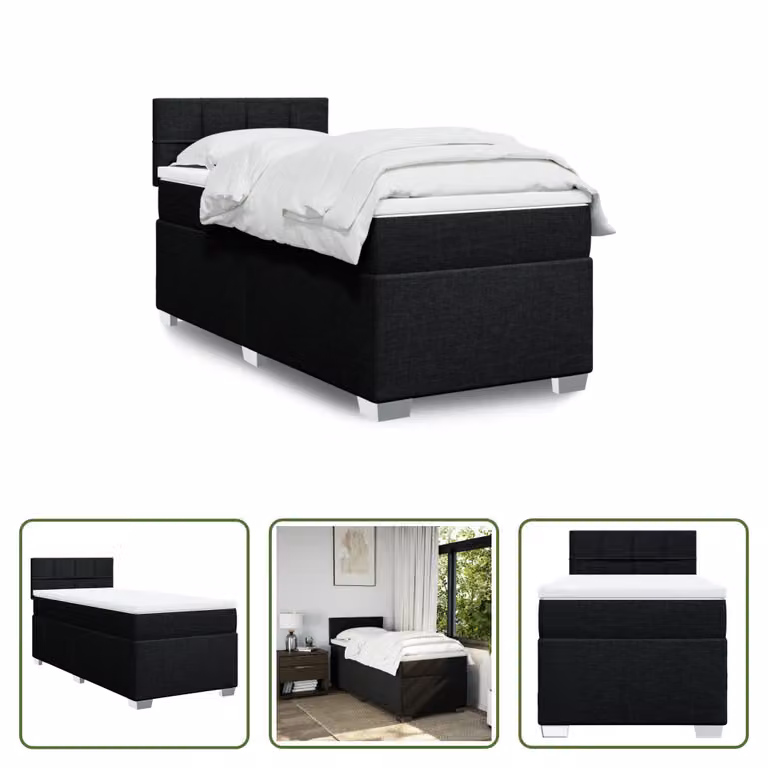 The Living Store Letto a molle con materasso nero 90x190 cm in tessuto