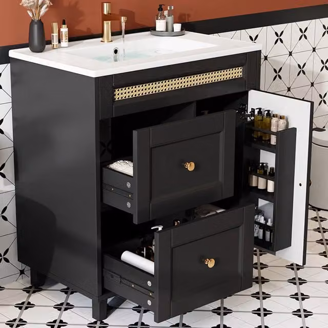 Mobile sottolavabo con lavabo in ceramica 2 cassetti ante con ripiani regolabili per bagno nero 76 × 46 × 86,5 cm
