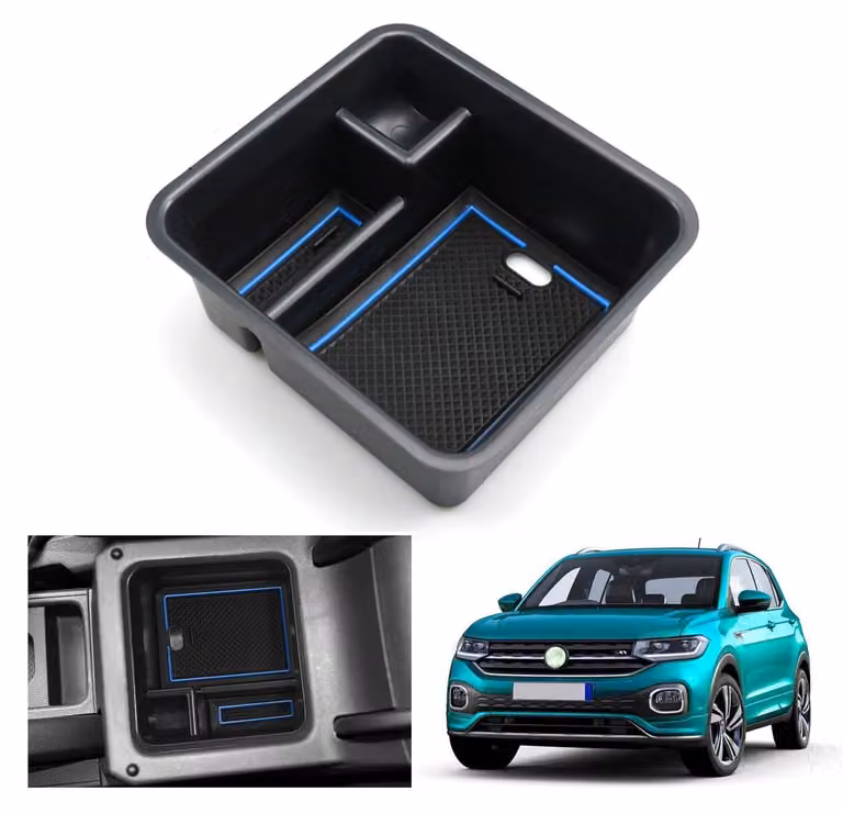 Contenitore portaoggetti per console centrale, compatibile con VW T-Cross dal 2018 al 2025, in ABS, colore blu