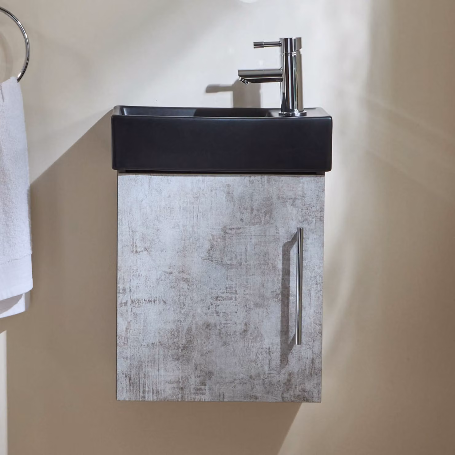 Mobile Bagno Grigio Cemento Sospeso da 400mm con Lavabo Nero e Maniglia con Barra a T Cromata - Cluo