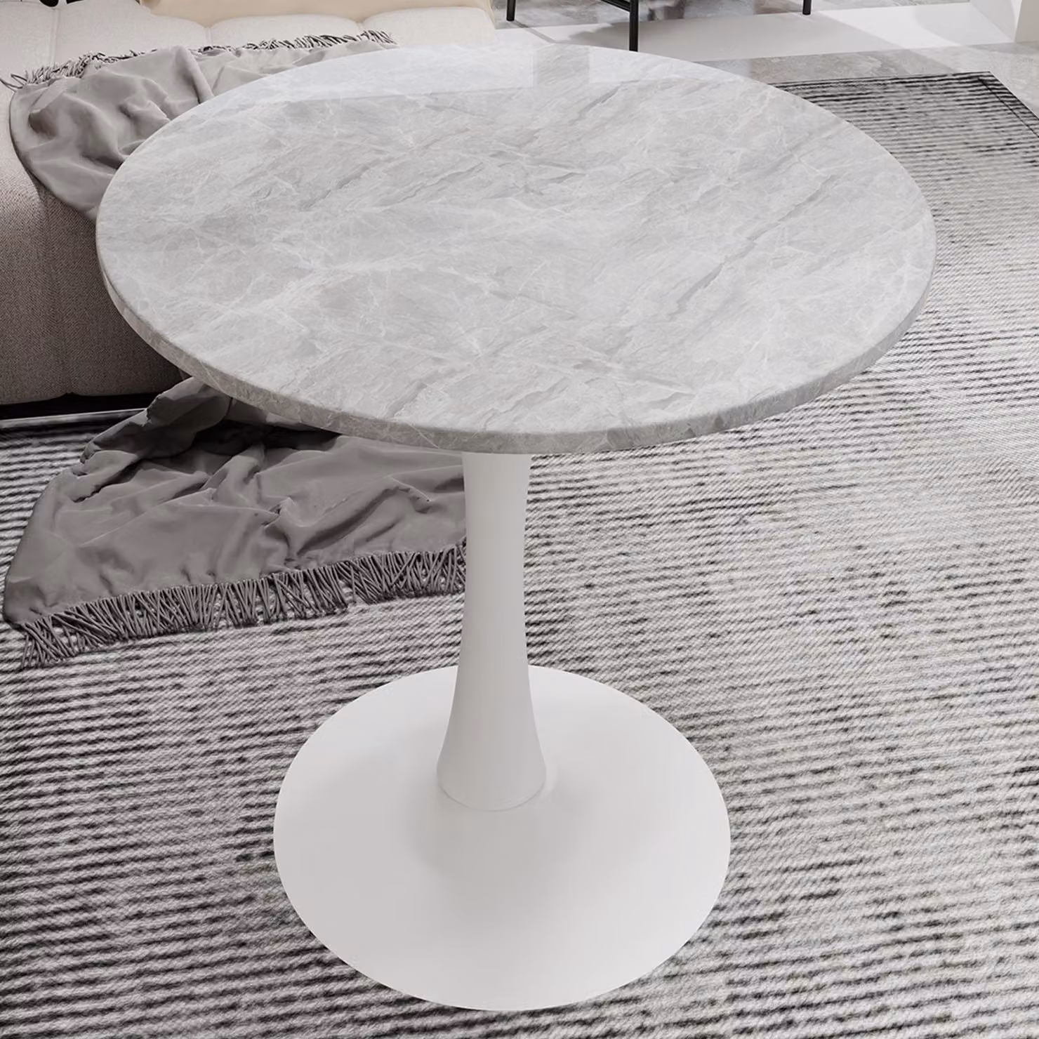 Tavolino da caffè MODFU in stile mid-century modern, tavolino da salotto con piano rotondo in marmo (diametro 70 cm), tavolino da divano con gambe alte e design rotondo, grigio+bianco