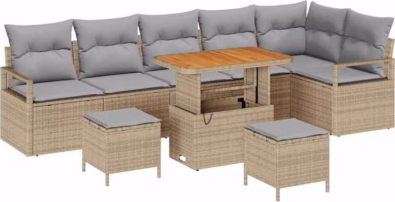 Set Divano da Giardino con cuscino 9 pcs Beige Poly Rattan