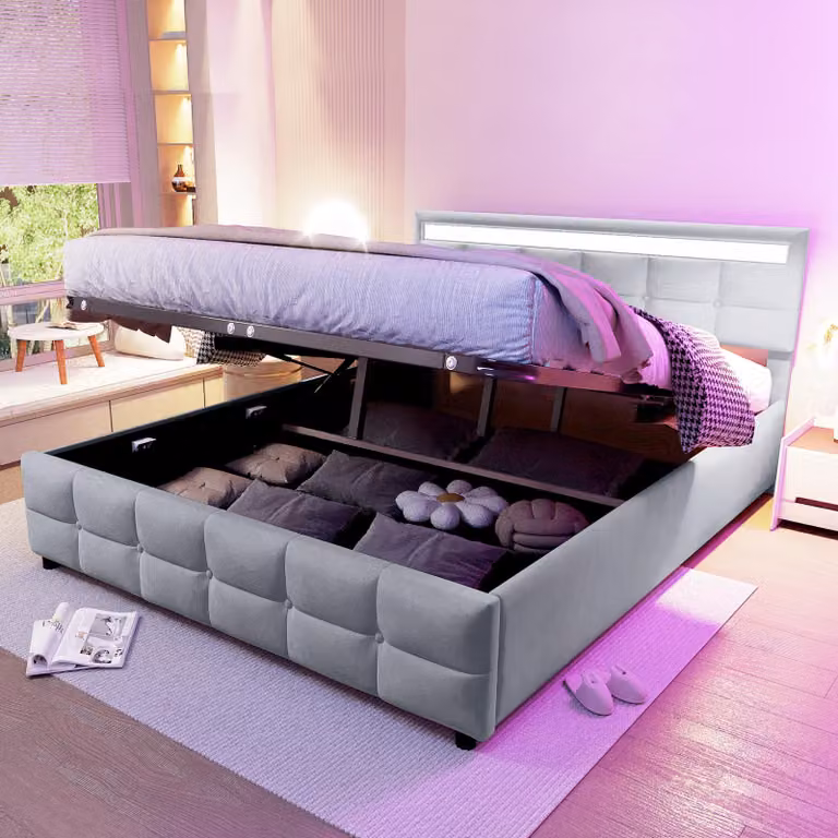 Letto imbottito Merax 180x200cm con illuminazione LED e rete a doghe, letto matrimoniale con contenitore idraulico, corpo letto in tessuto vellutato olandese, grigio