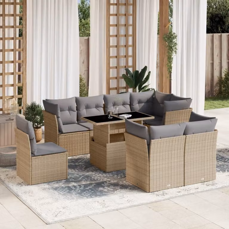 Maison Exclusive - Set Divano da Giardino 9 pz con Cuscini Beige in Polyrattan