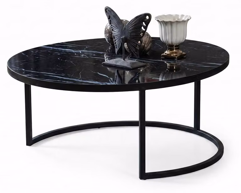 Tavolino rotondo moderno, finitura effetto marmo nero, elegante struttura in metallo, comodo