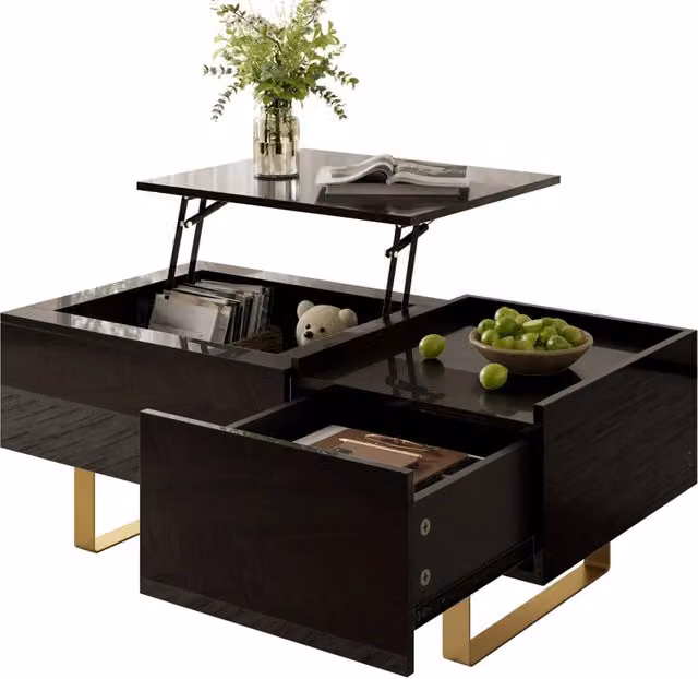 Tavolino da salotto moderno regolabile in altezza con cassetto, piano lucido e piedi in ferro, MDF