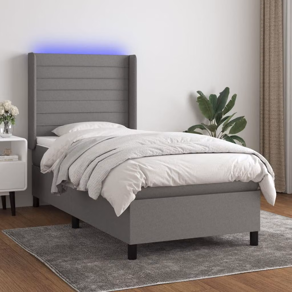 Letto a Molle con LED e Porte USB vidaXL in Tessuto Grigio, L/P: 90 x 200 cm – 1