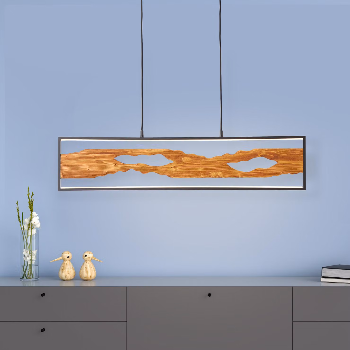 Lampada a sospensione LED, altezza 150 cm, regolabile in altezza, 2300 lm, bianco caldo, legno