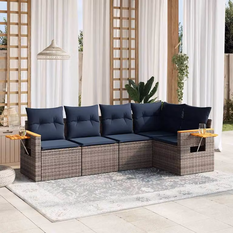 Set di divani da giardino vidaXL in 5 pezzi con cuscini grigi in polyrattan e struttura in metallo per esterno