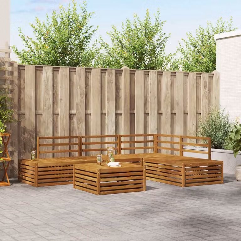 Set di divani da esterno vidaXL a forma di L in legno di acacia marrone con tavolo da caffè e cuscini inclusi