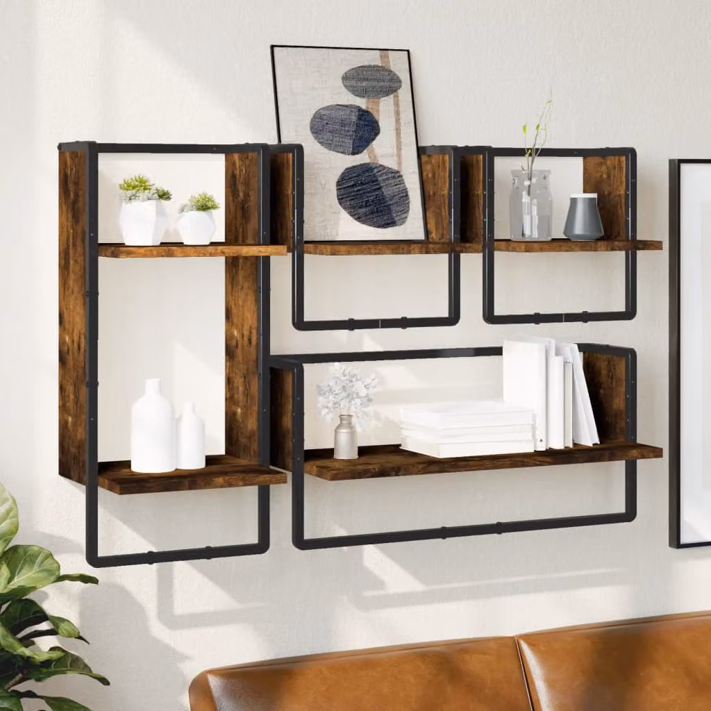 Set di 4 mensole da parete vidaXL in legno multistrato Rovere Fumo e metallo, design moderno marrone opaco