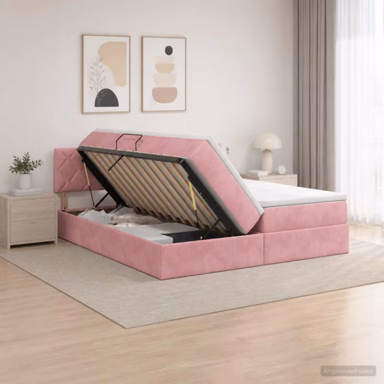 Letto con contenitore e testiera vidaXL in velluto e similpelle, Rosa e Bianco, L/P/H: 180 x 200 x 88 cm