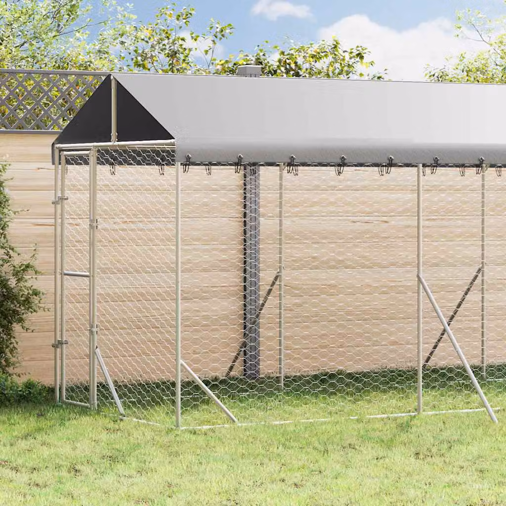 Cuccia per cani da esterno vidaXL con tetto in acciaio zincato, colore argento, L 2 m x P 6 m x H 2,5 m