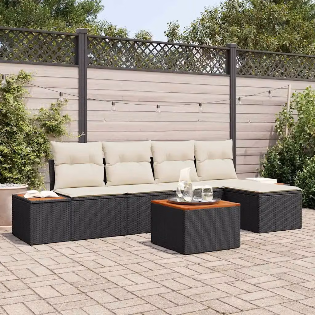 Set Divano da Giardino a L vidaXL 6 Pezzi con Tavolino e Ottoman Nero e Beige – 1