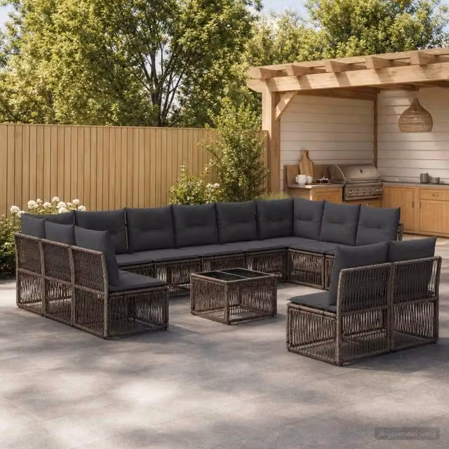 Set Divano da Giardino a L con Tavolino vidaXL, 13 Pezzi in Polyrattan Grigio con Cuscini e Coperture Rimovibili