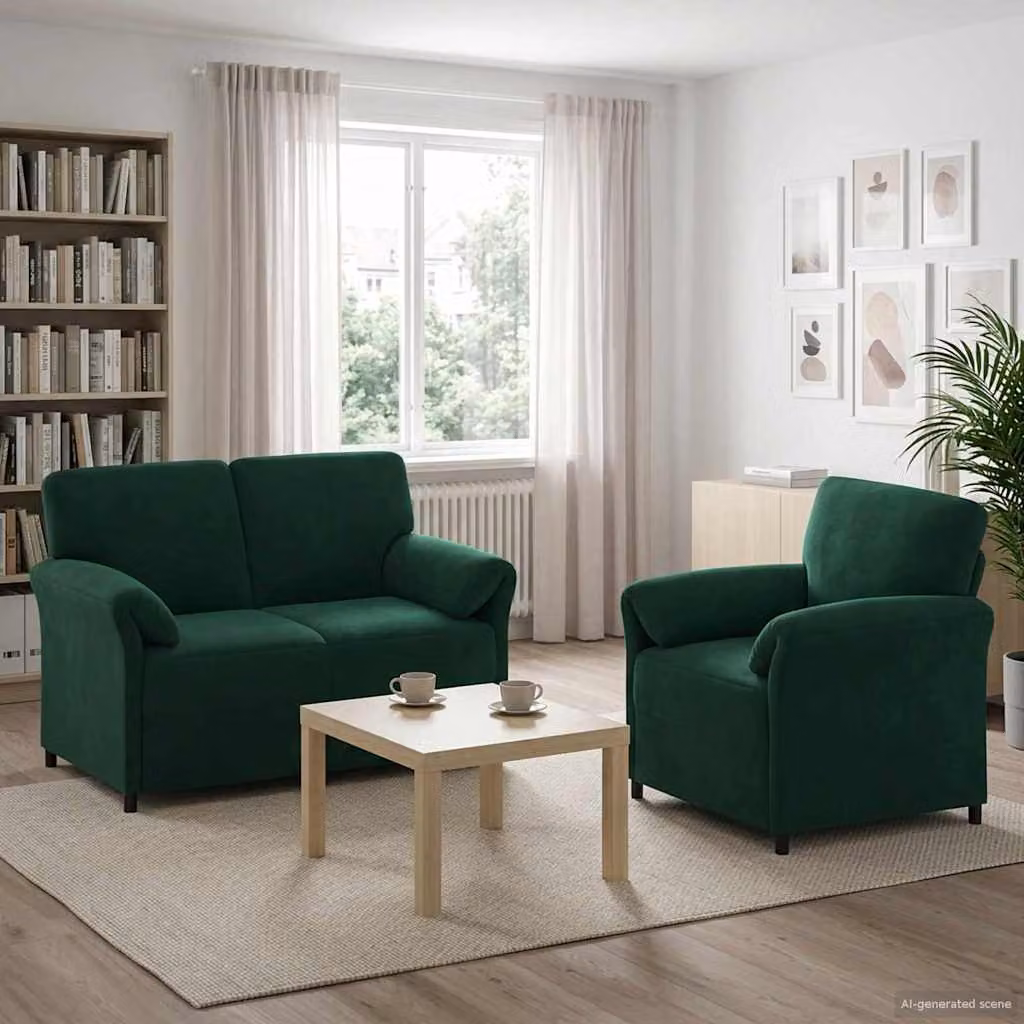 Set di 2 divani moderni vidaXL in velluto verde scuro con struttura in metallo e cuscini inclusi