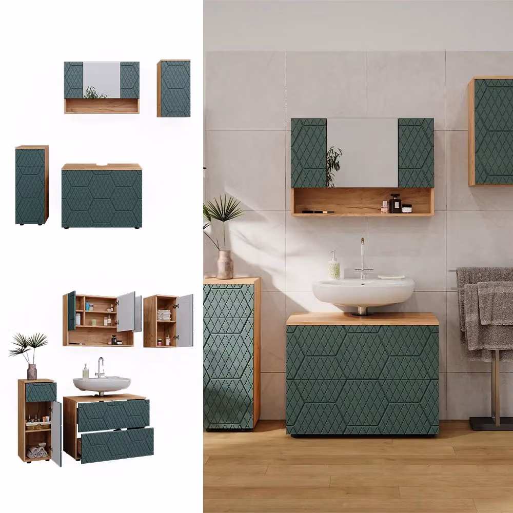 Set mobili bagno Vicco Irma 4 pezzi Verde e Rovere dorato con mobile lavabo, pensile e armadietto a muro – 2