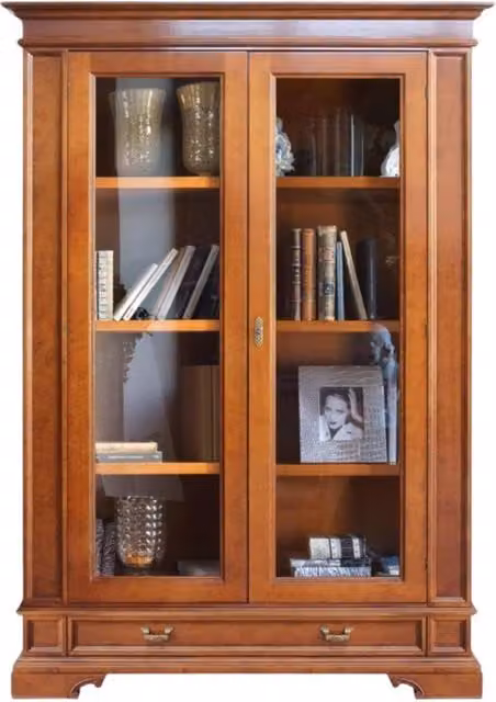 Vetrina classica in legno e vetro con 2 porte e 1 cassetto Mobili 2G colore marrone L: 142 cm, P: 49 cm, H: 210 cm