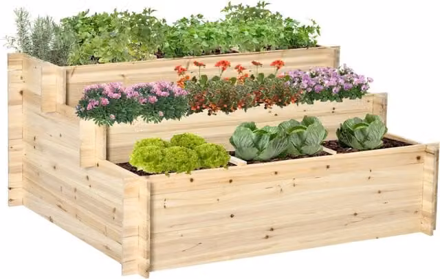 Fioriera rialzata a 3 livelli in legno naturale verniciato per orto e giardino con telo interno 117 x 100 x 54 cm