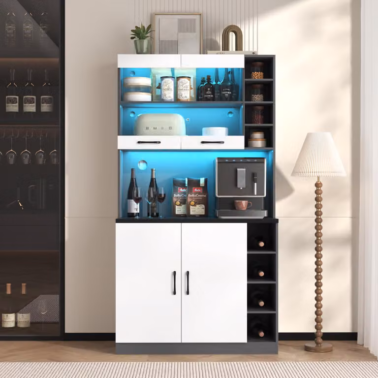 Flieks cucina mobili alti cucina a buffet con LED, mobili da cucina a buffet con vani a giorno, mobile buffet alto cucina, bianco