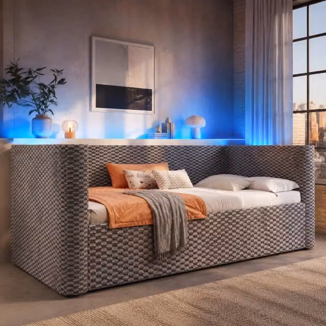Letto singolo 90 × 200 cm con vano contenitore idraulico rete a doghe LED multicolore velluto grigio MDF